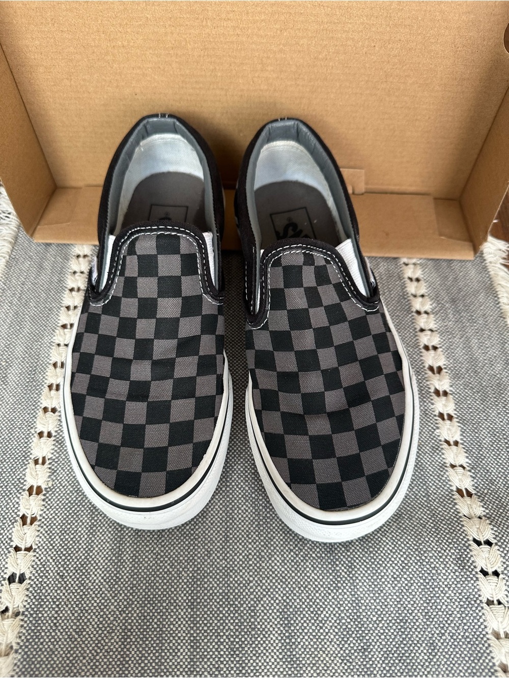 Vans Kids Slip-On Checkerboard Shoes - Black and Gray